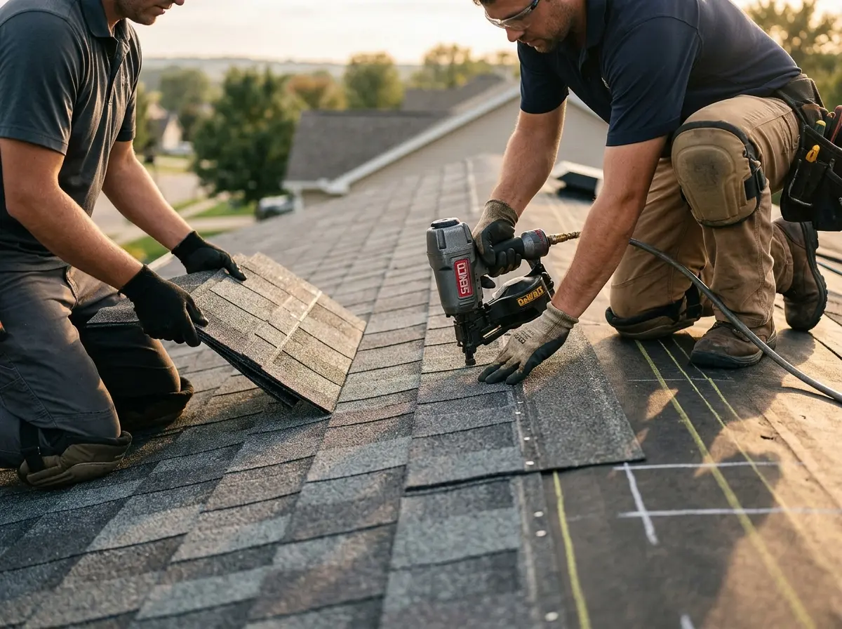 Professional roofer working on a residential roof in Conway